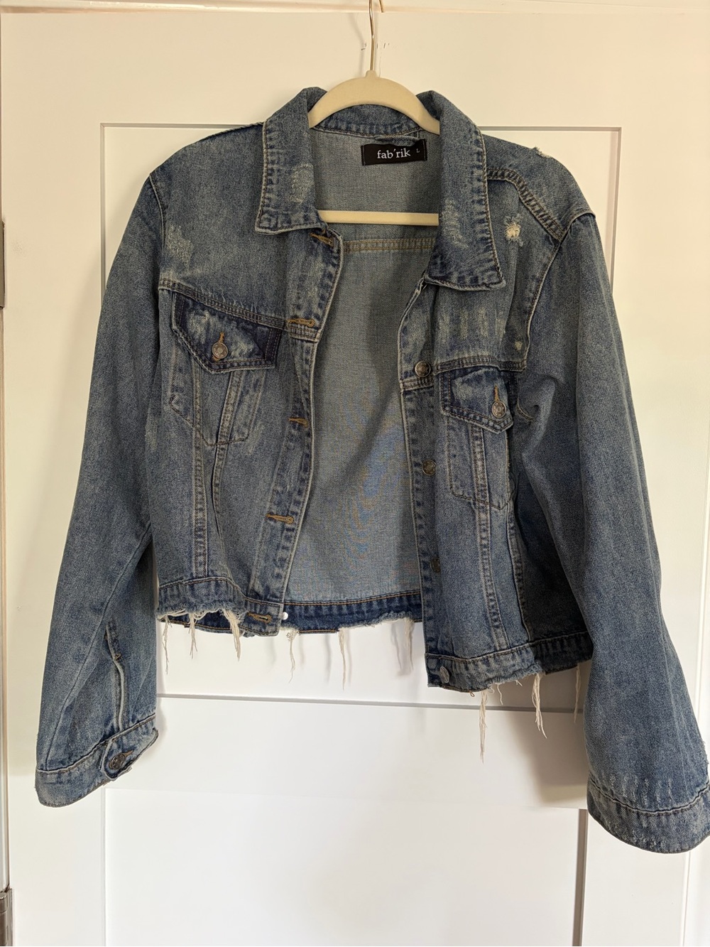 fab'rik Cropped Distressed Light Blue Denim Jacket